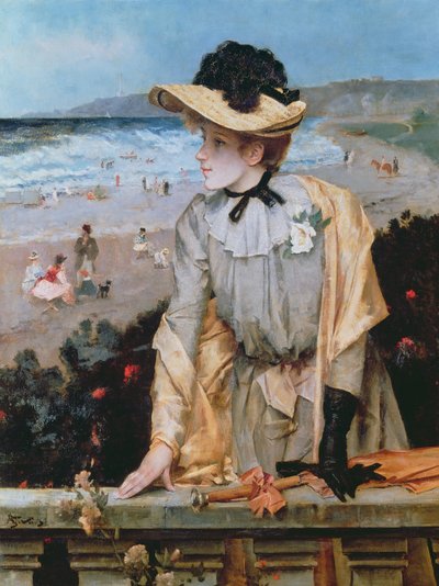 Junge Frau am Strand, oder Die Pariserin am Meer von Alfred Emile Stevens